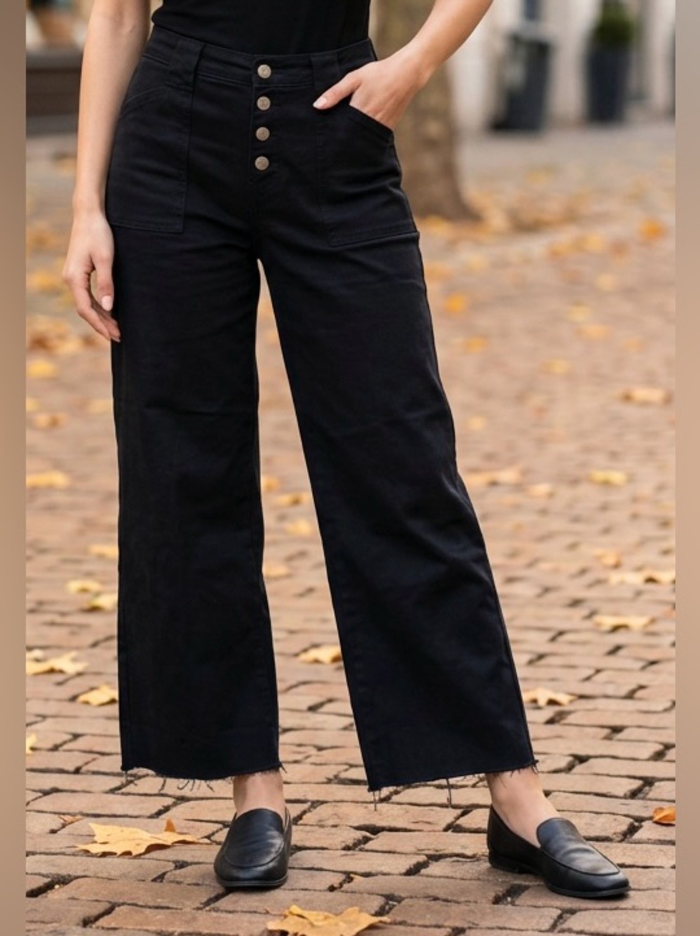 NYDJ Lift Tuck Technology Button Front Wide Leg Raw Hem Jeans Black SZ 14 NWOT